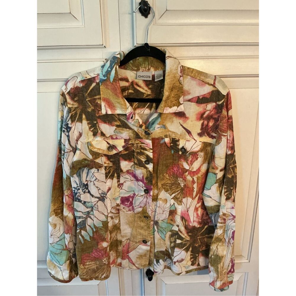Chico’s Women’s 100% Linen Button Up Shacket Shirt Blouse Sz 12 (Chicos 2)